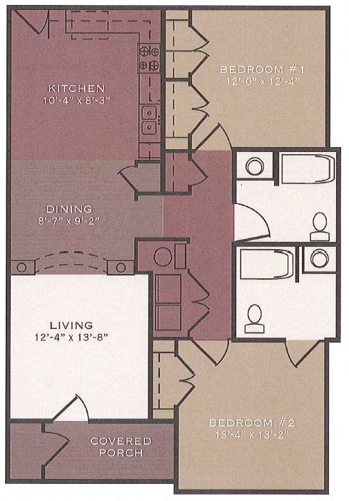 Floor plan for 2 beds, 2 baths, 1111 sqft